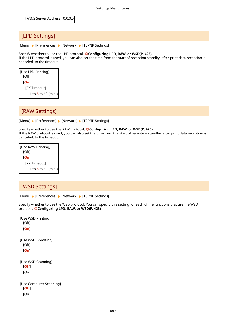 Otocol. [lpd settings](p. 483), Raw settings](p. 483), Wsd settings](p. 483) | Lpd settings, Raw settings, Wsd settings | Canon imageCLASS MF753Cdw Multifunction Wireless Color Laser Printer User Manual | Page 493 / 801