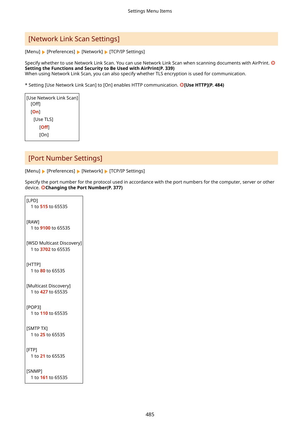 Network link scan settings](p. 485), Port number settings](p. 485), Network link scan settings | Port number settings | Canon imageCLASS MF753Cdw Multifunction Wireless Color Laser Printer User Manual | Page 495 / 801