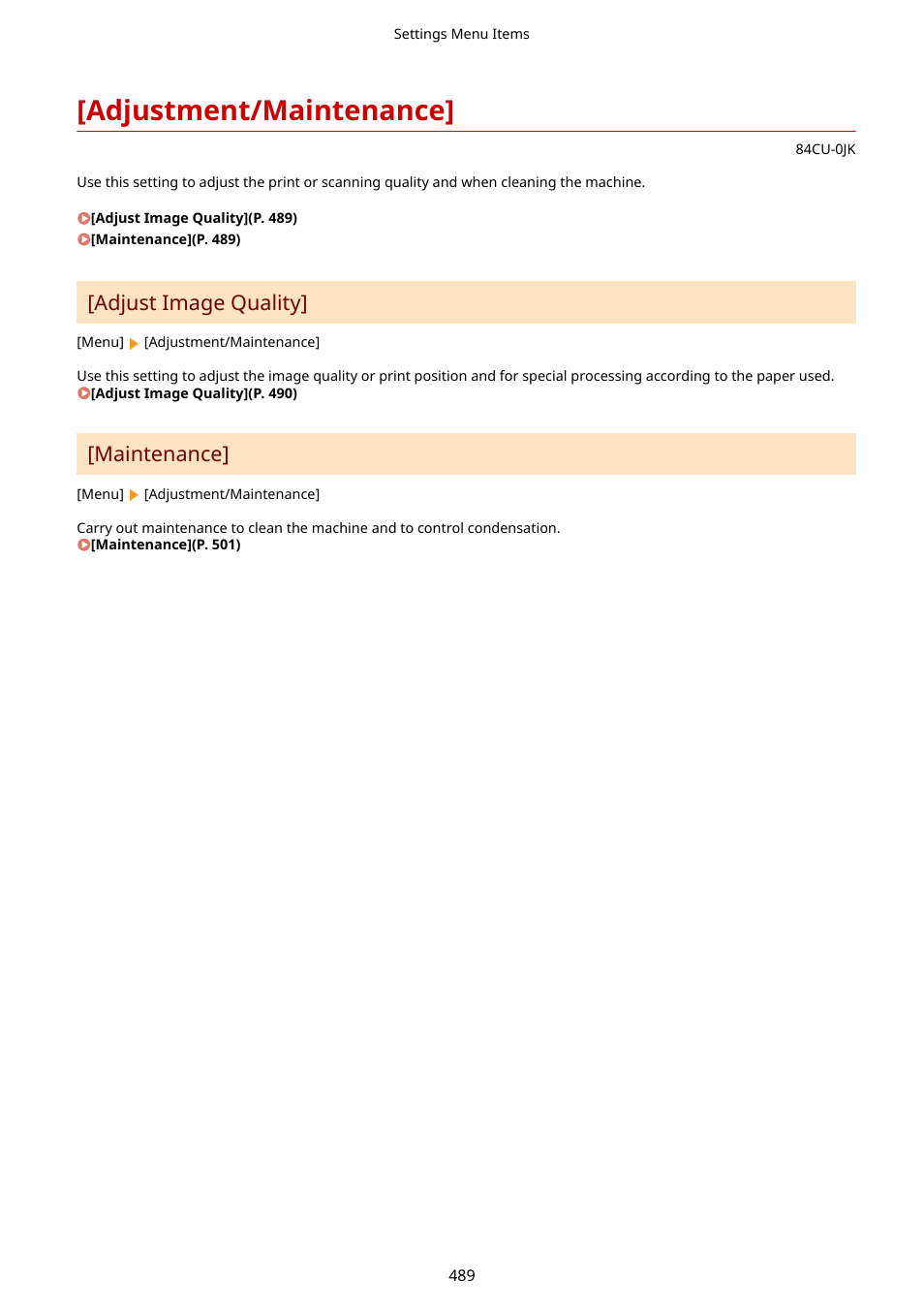 Adjustment/maintenance, Adjustment/maintenance](p. 489), Adjust image quality | Maintenance | Canon imageCLASS MF753Cdw Multifunction Wireless Color Laser Printer User Manual | Page 499 / 801