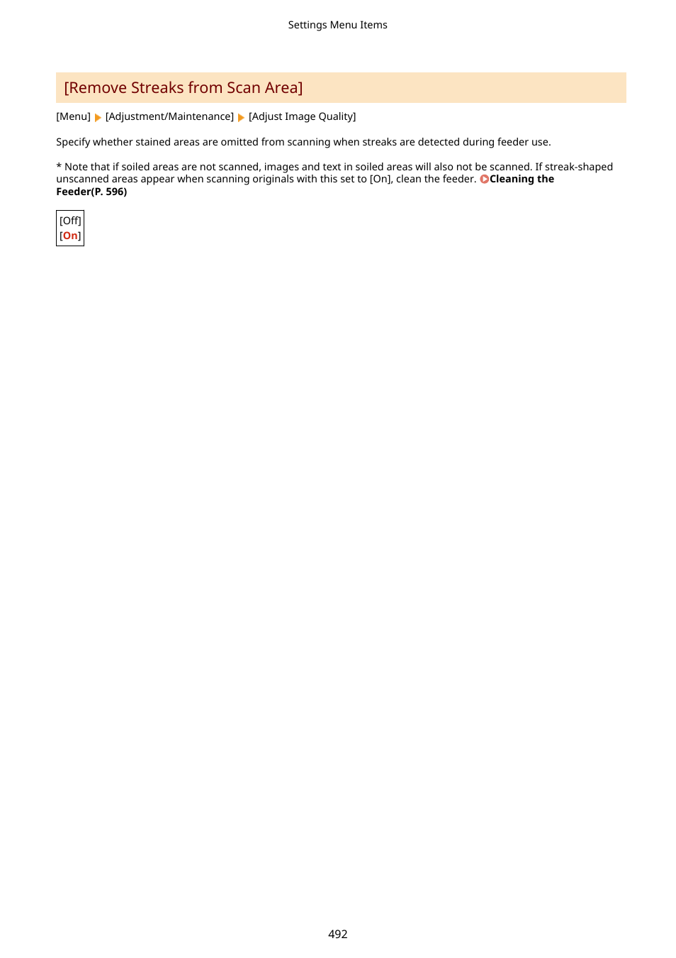 Remove streaks from scan area](p. 492), Remove streaks from scan area | Canon imageCLASS MF753Cdw Multifunction Wireless Color Laser Printer User Manual | Page 502 / 801