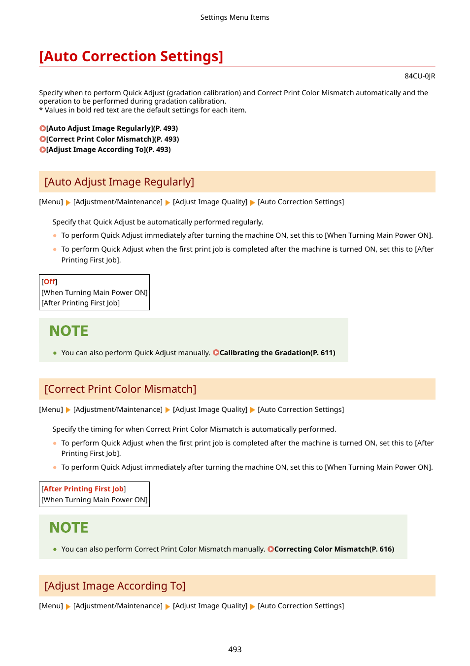 Auto correction settings, Auto correction settings](p. 493), Auto adjust image regularly | Correct print color mismatch, Adjust image according to | Canon imageCLASS MF753Cdw Multifunction Wireless Color Laser Printer User Manual | Page 503 / 801