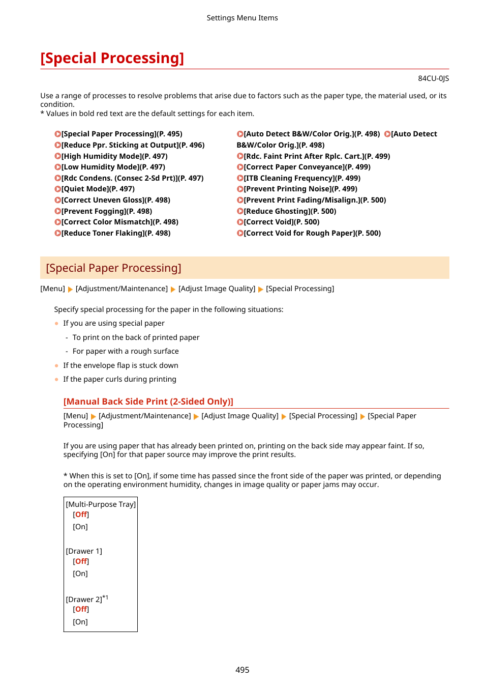 Special processing, Manual back side print (2-sided only)](p. 495), Special paper processing | Canon imageCLASS MF753Cdw Multifunction Wireless Color Laser Printer User Manual | Page 505 / 801
