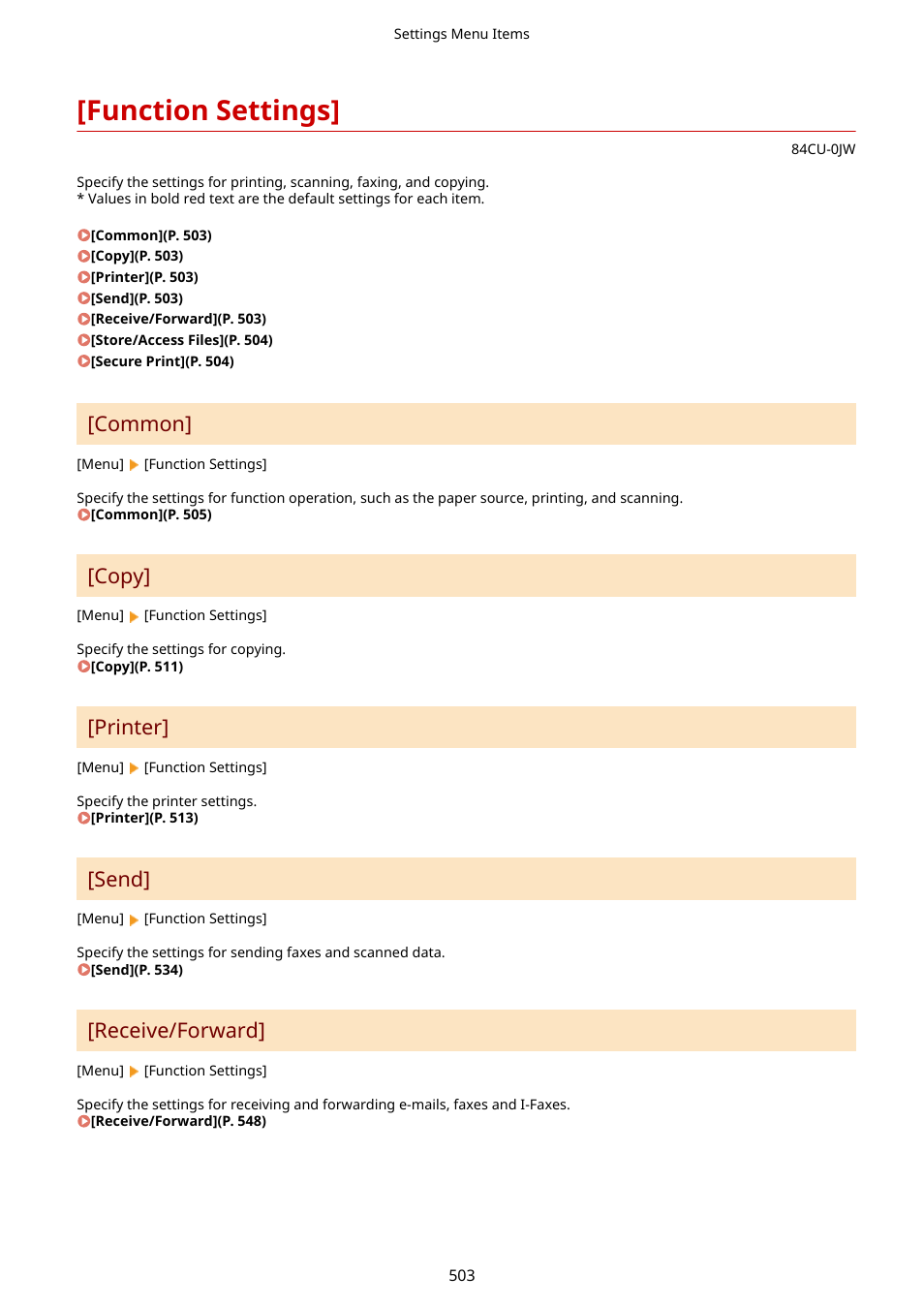 Function settings, Function settings](p. 503), Common | Copy, Printer, Send, Receive/forward | Canon imageCLASS MF753Cdw Multifunction Wireless Color Laser Printer User Manual | Page 513 / 801