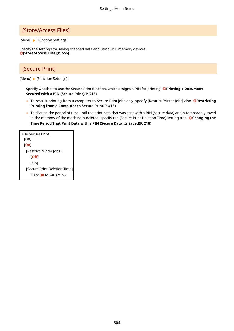 Secure print](p. 504), Store/access files](p. 504) [secure print](p. 504), Store/access files | Secure print | Canon imageCLASS MF753Cdw Multifunction Wireless Color Laser Printer User Manual | Page 514 / 801