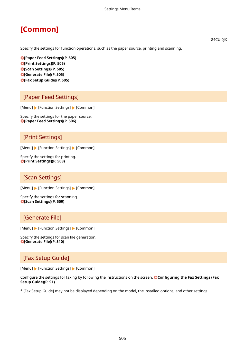Common, Common](p. 505), Paper feed settings | Print settings, Scan settings, Generate file, Fax setup guide | Canon imageCLASS MF753Cdw Multifunction Wireless Color Laser Printer User Manual | Page 515 / 801
