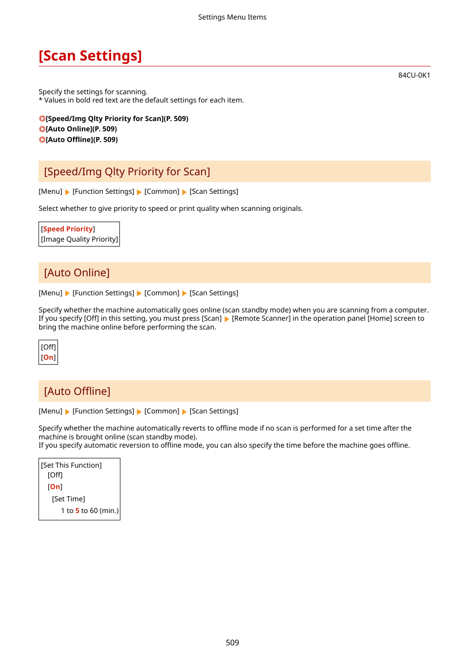 Scan settings, Scan settings](p. 509), Speed/img qlty priority for scan | Auto online, Auto offline | Canon imageCLASS MF753Cdw Multifunction Wireless Color Laser Printer User Manual | Page 519 / 801