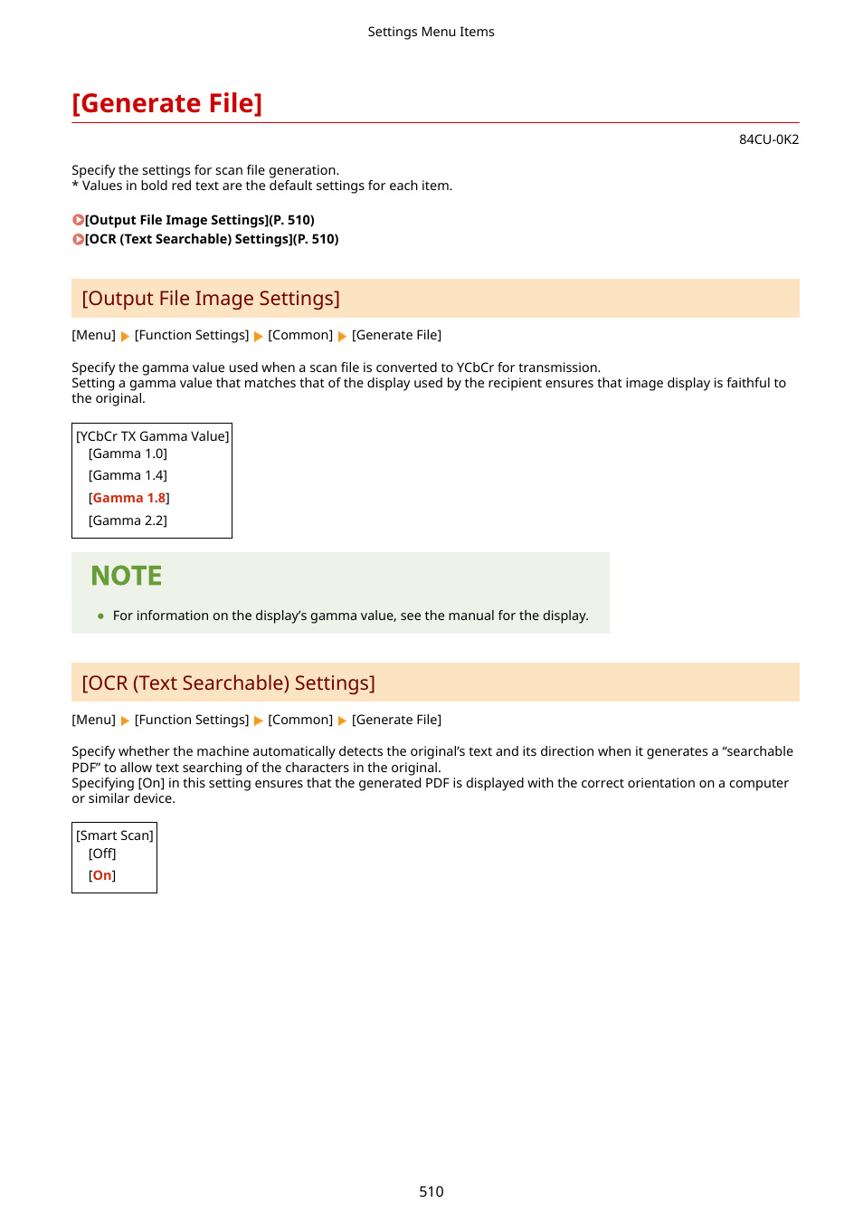 Generate file, Generate file](p. 510), Output file image settings | Ocr (text searchable) settings | Canon imageCLASS MF753Cdw Multifunction Wireless Color Laser Printer User Manual | Page 520 / 801