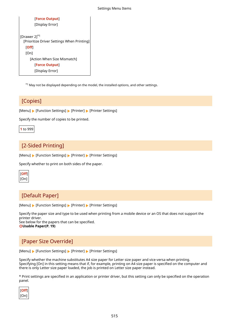 Copies, Sided printing, Default paper | Paper size override | Canon imageCLASS MF753Cdw Multifunction Wireless Color Laser Printer User Manual | Page 525 / 801