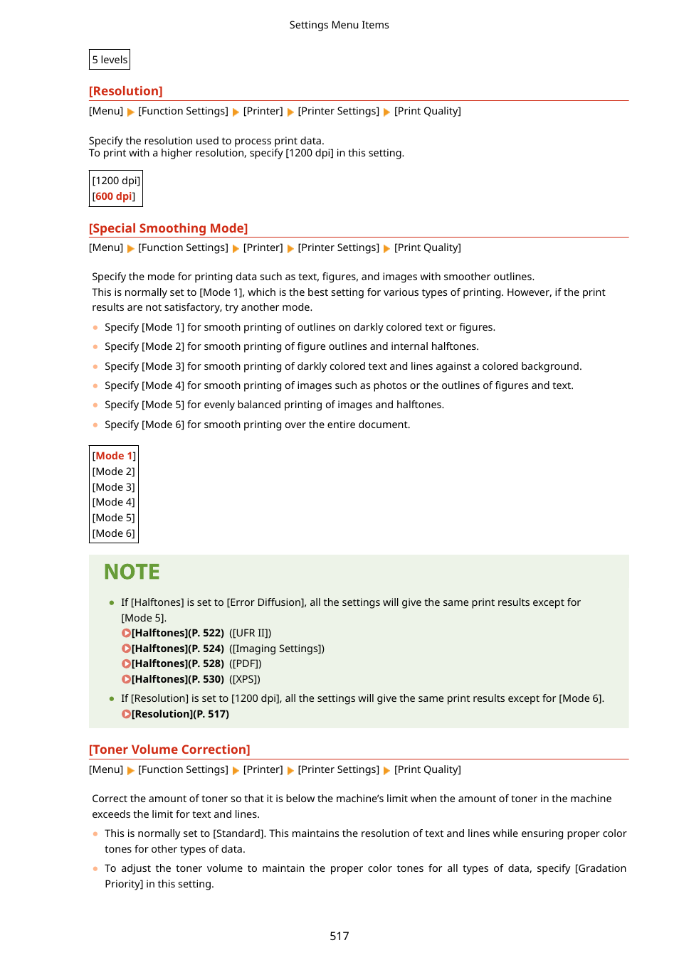 Special smoothing mode](p. 517), Toner volume correction](p. 517) | Canon imageCLASS MF753Cdw Multifunction Wireless Color Laser Printer User Manual | Page 527 / 801