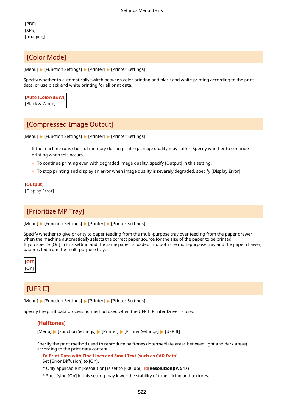 Halftones](p. 522), Color mode, Compressed image output | Prioritize mp tray, Ufr ii | Canon imageCLASS MF753Cdw Multifunction Wireless Color Laser Printer User Manual | Page 532 / 801