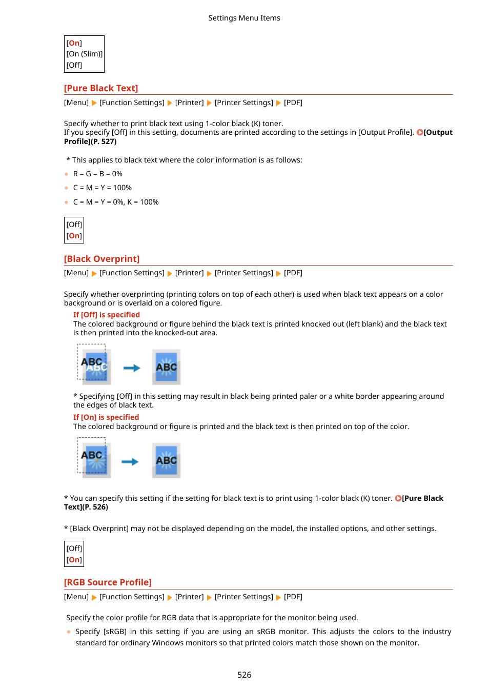 Black overprint](p. 526), Rgb source profile](p. 526) | Canon imageCLASS MF753Cdw Multifunction Wireless Color Laser Printer User Manual | Page 536 / 801