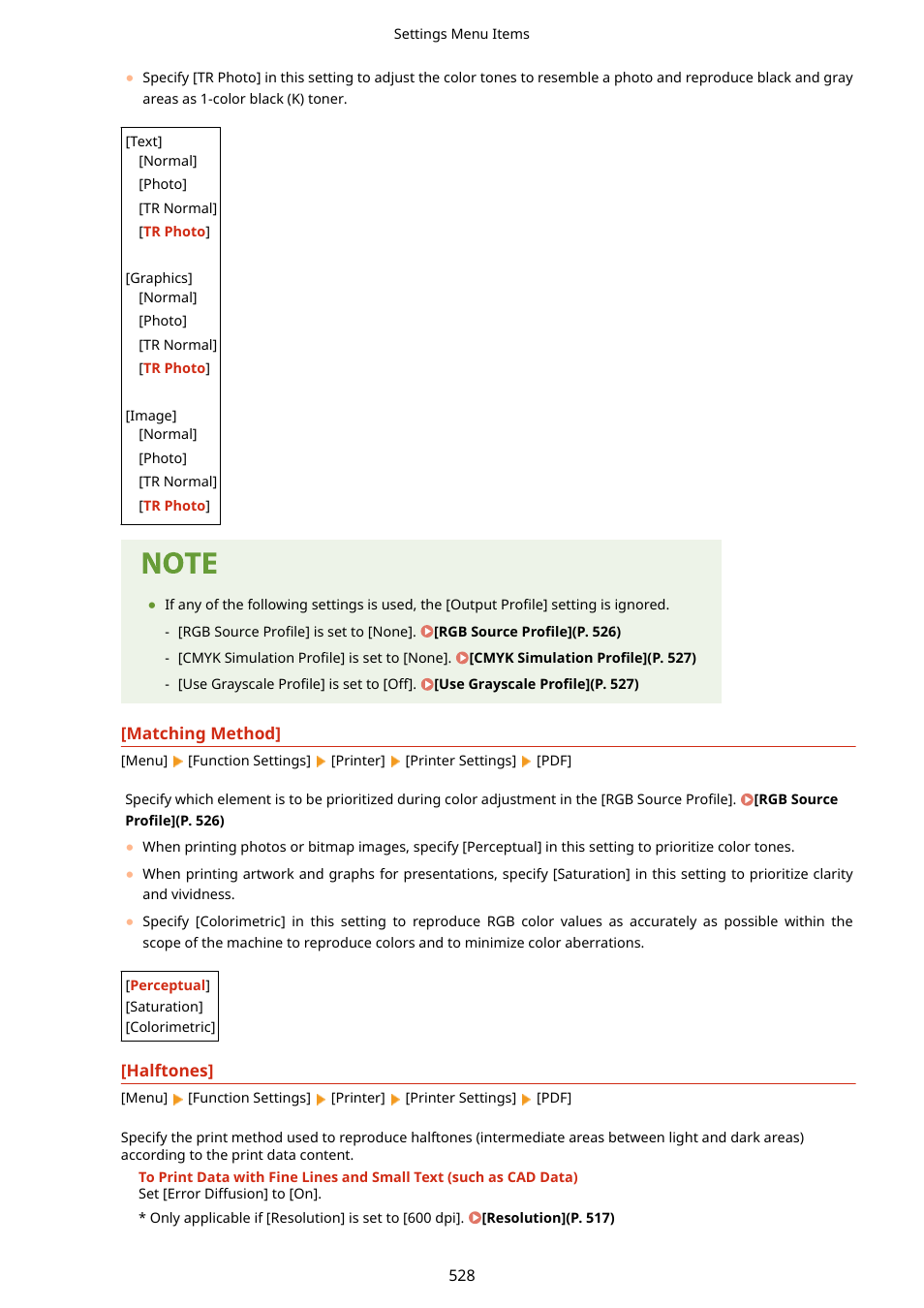 Matching method](p. 528), Halftones](p. 528) | Canon imageCLASS MF753Cdw Multifunction Wireless Color Laser Printer User Manual | Page 538 / 801