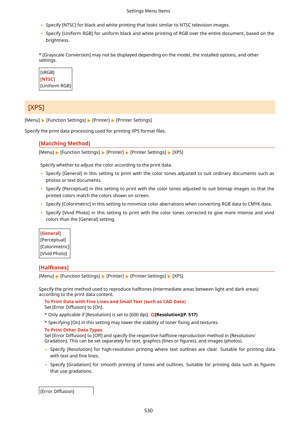 Xps](p. 530), Halftones](p. 530) | Canon imageCLASS MF753Cdw Multifunction Wireless Color Laser Printer User Manual | Page 540 / 801