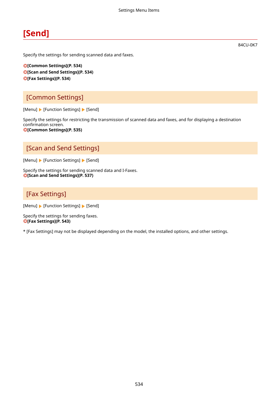 Send, Send](p. 534), Common settings | Scan and send settings, Fax settings | Canon imageCLASS MF753Cdw Multifunction Wireless Color Laser Printer User Manual | Page 544 / 801