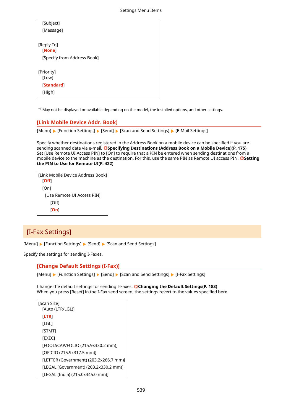 Change default settings (i-fax)](p. 539), I-fax settings](p. 539), I-fax settings | Canon imageCLASS MF753Cdw Multifunction Wireless Color Laser Printer User Manual | Page 549 / 801