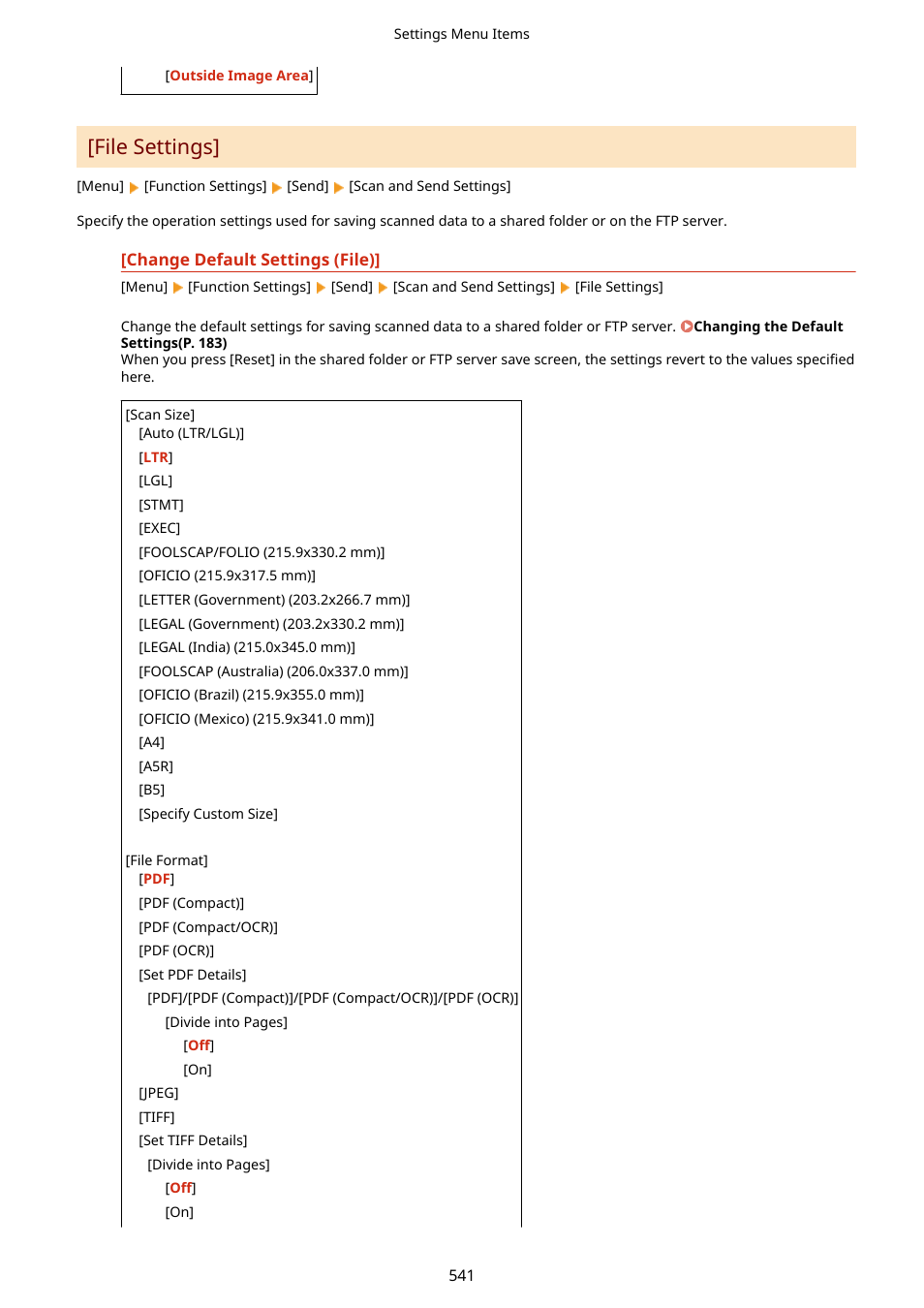 Change default settings (file)](p. 541), File settings](p. 541), File settings | Canon imageCLASS MF753Cdw Multifunction Wireless Color Laser Printer User Manual | Page 551 / 801