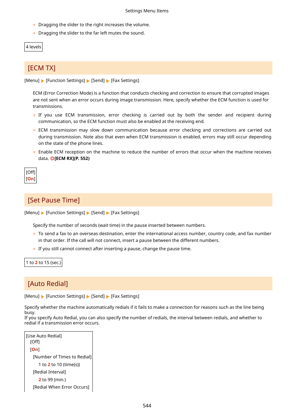 Ecm tx](p. 544), Ecm tx, Set pause time | Auto redial | Canon imageCLASS MF753Cdw Multifunction Wireless Color Laser Printer User Manual | Page 554 / 801