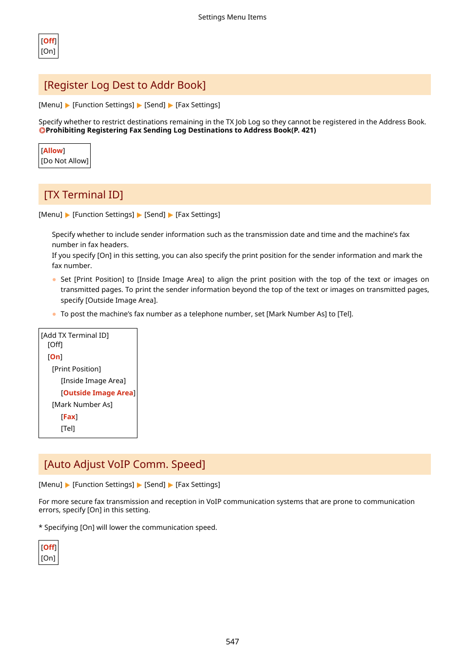 Register log dest to addr book, Tx terminal id, Auto adjust voip comm. speed | Canon imageCLASS MF753Cdw Multifunction Wireless Color Laser Printer User Manual | Page 557 / 801