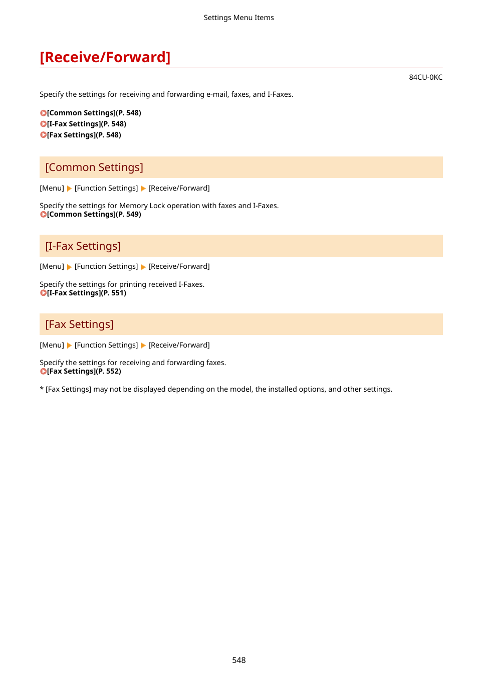 Receive/forward, Receive/forward](p. 548), Common settings | I-fax settings, Fax settings | Canon imageCLASS MF753Cdw Multifunction Wireless Color Laser Printer User Manual | Page 558 / 801