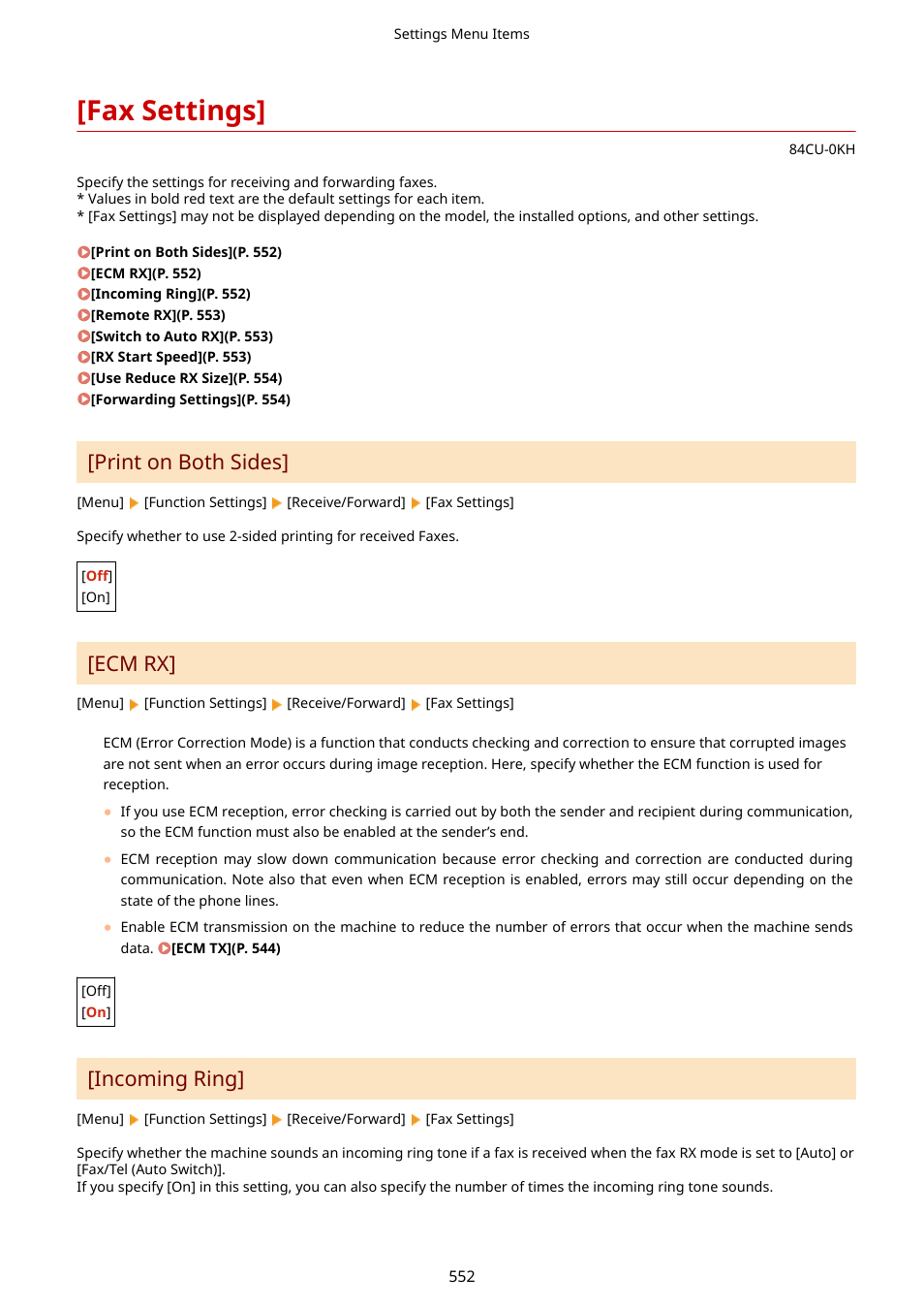 Fax settings, Print on both sides](p. 552), Fax settings](p. 552) | Print on both sides, Ecm rx, Incoming ring | Canon imageCLASS MF753Cdw Multifunction Wireless Color Laser Printer User Manual | Page 562 / 801