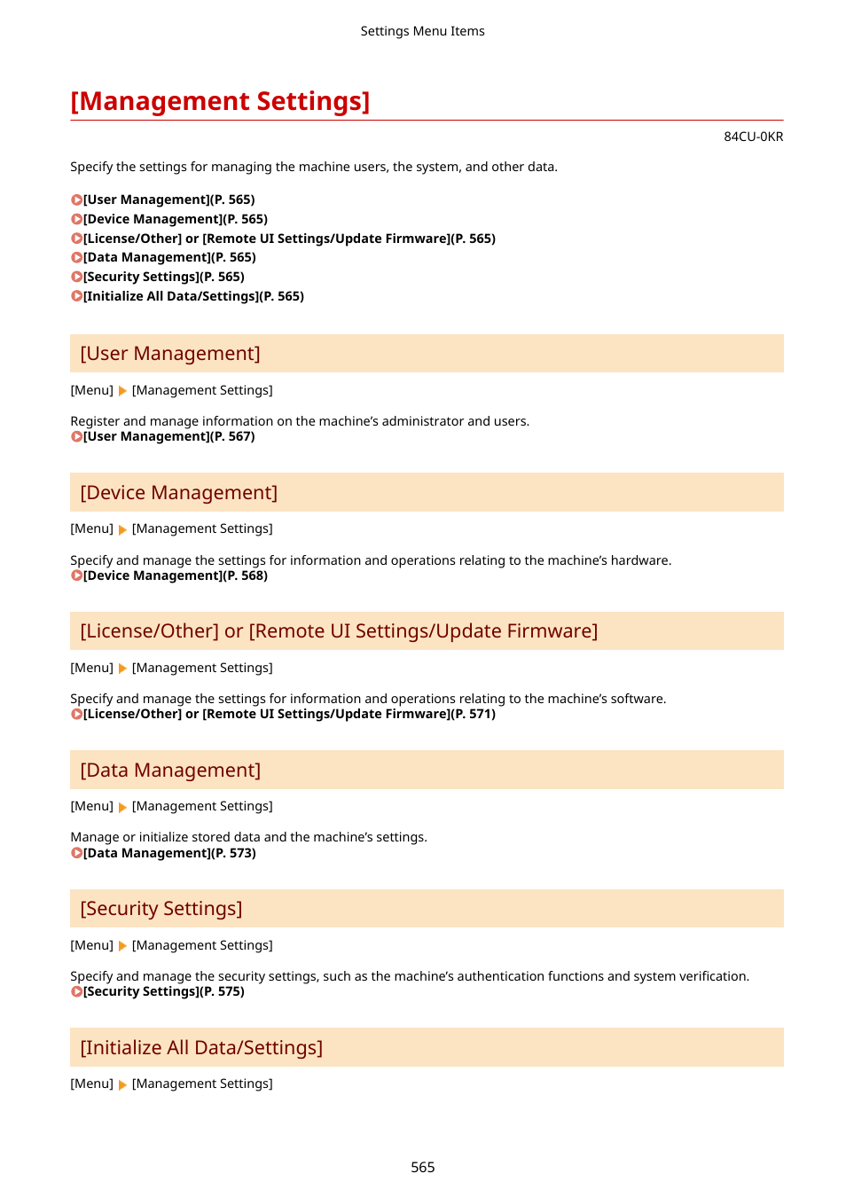 Management settings, Management settings](p. 565), User management | Device management, Data management, Security settings, Initialize all data/settings | Canon imageCLASS MF753Cdw Multifunction Wireless Color Laser Printer User Manual | Page 575 / 801