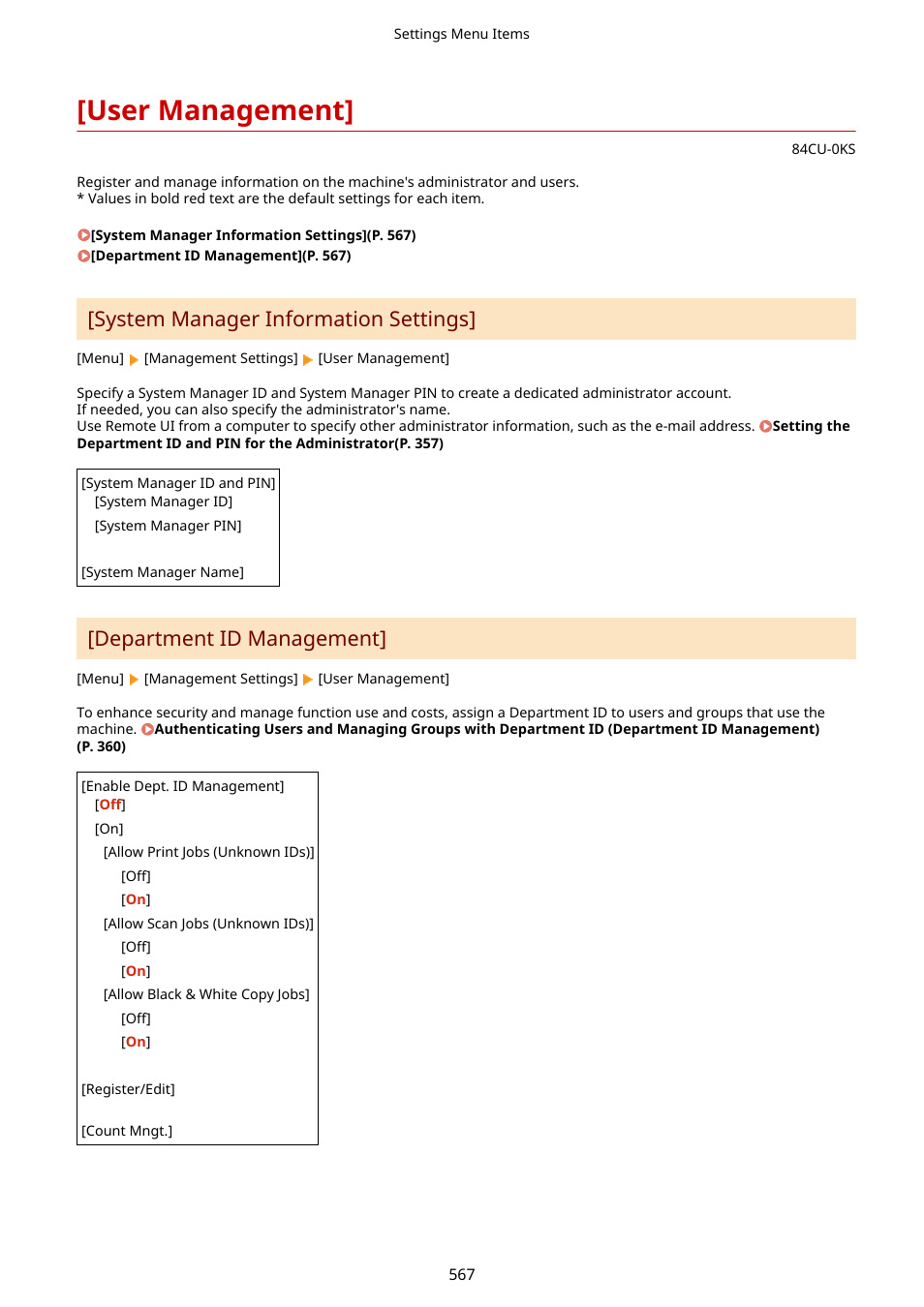 User management, Department id management](p. 567), User management](p. 567) | System manager information settings, Department id management | Canon imageCLASS MF753Cdw Multifunction Wireless Color Laser Printer User Manual | Page 577 / 801