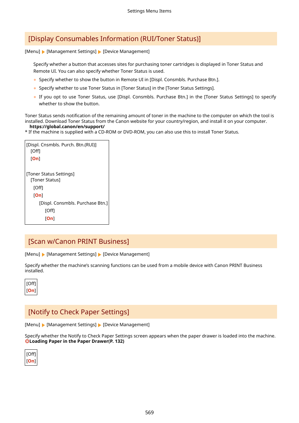 Notify to check paper settings] (p. 569), Scan w/canon print business](p. 569), Display consumables information (rui/toner status) | Scan w/canon print business, Notify to check paper settings | Canon imageCLASS MF753Cdw Multifunction Wireless Color Laser Printer User Manual | Page 579 / 801