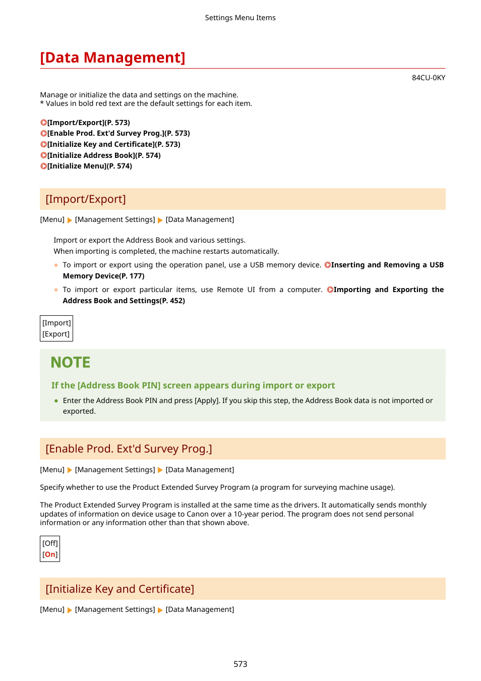 Data management, Import/export](p. 573), Data management](p. 573) | Import/export, Enable prod. ext'd survey prog, Initialize key and certificate | Canon imageCLASS MF753Cdw Multifunction Wireless Color Laser Printer User Manual | Page 583 / 801