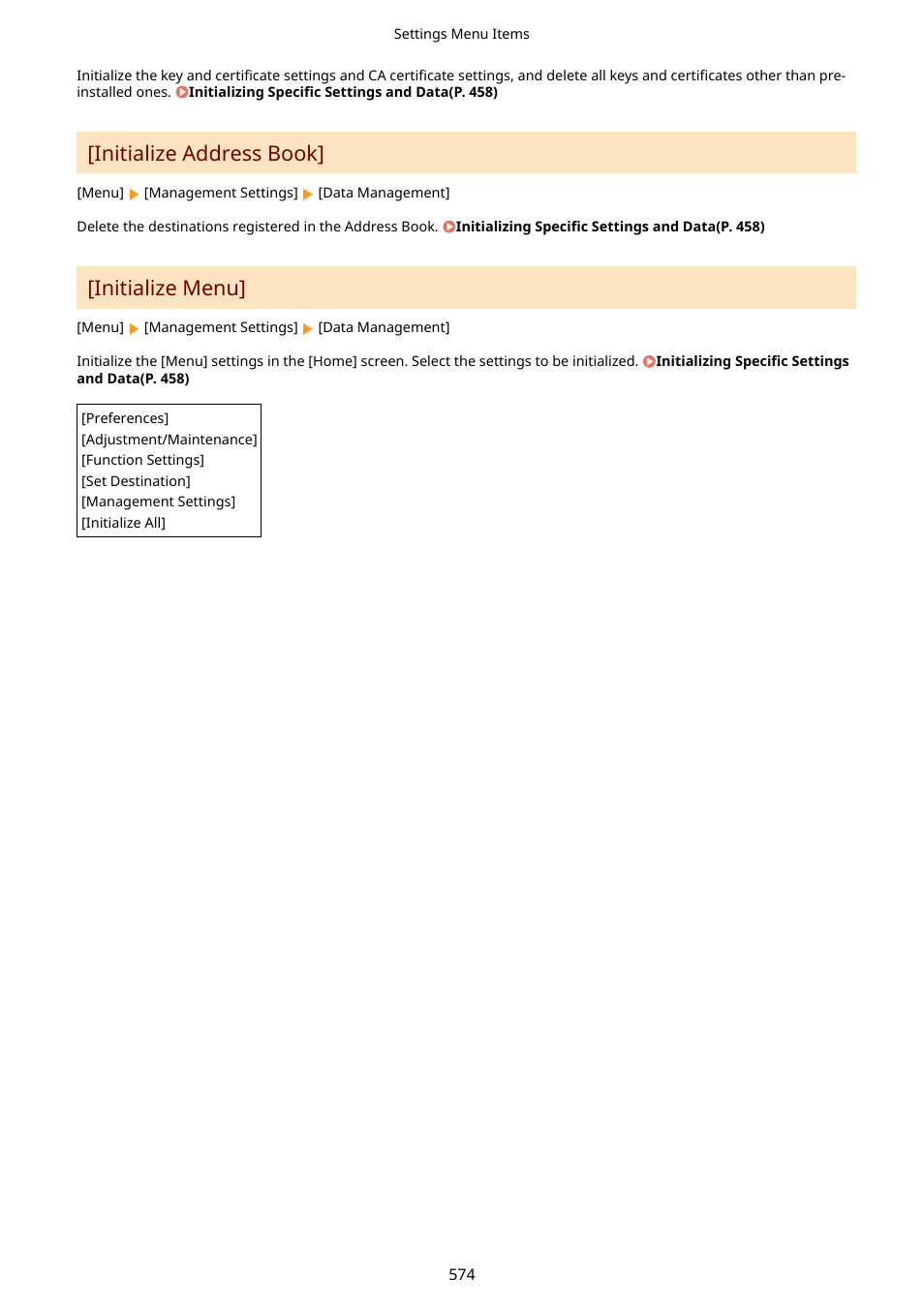 Initialize address book, Initialize menu | Canon imageCLASS MF753Cdw Multifunction Wireless Color Laser Printer User Manual | Page 584 / 801