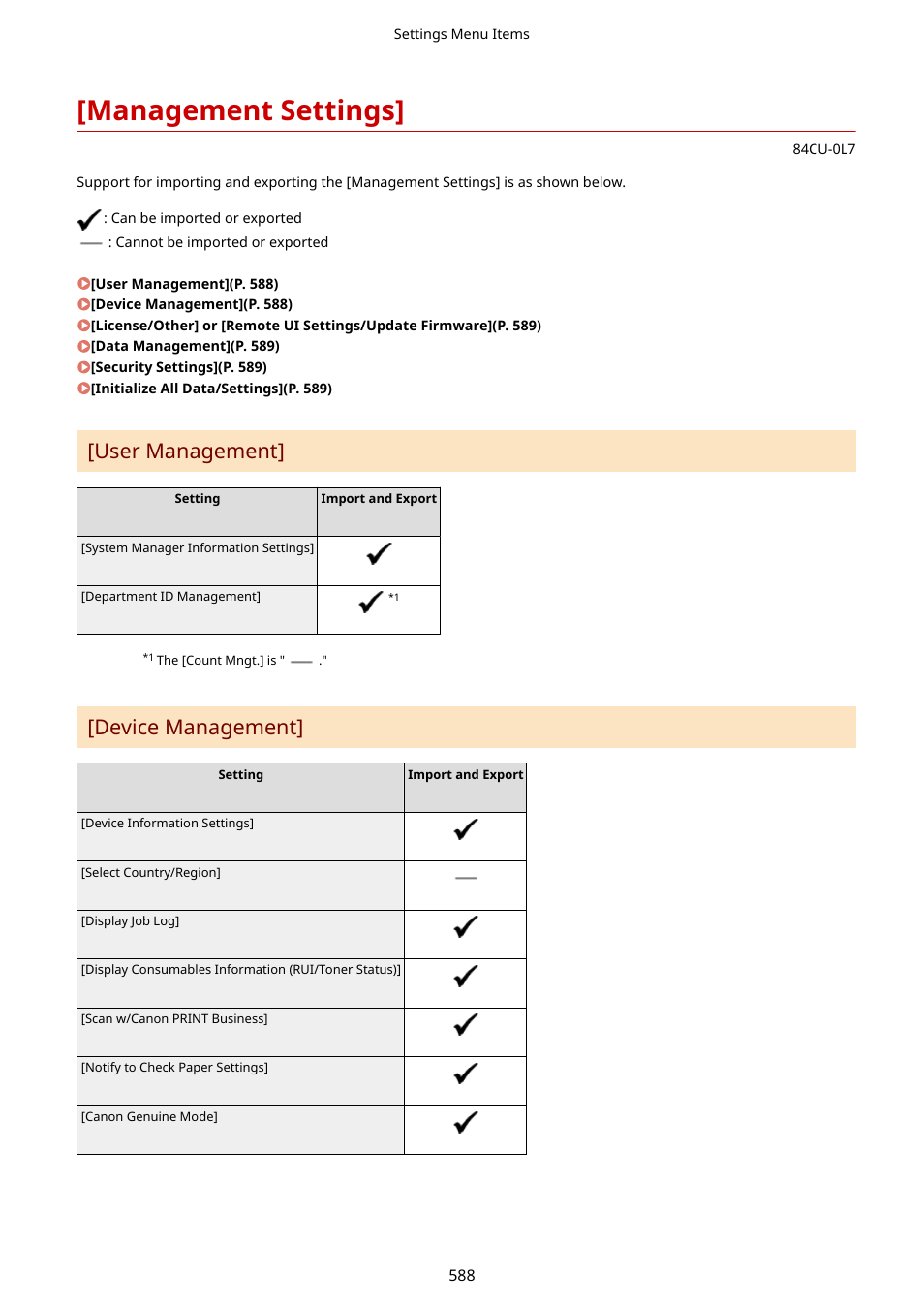 Management settings, Management settings](p. 588), User management | Device management | Canon imageCLASS MF753Cdw Multifunction Wireless Color Laser Printer User Manual | Page 598 / 801