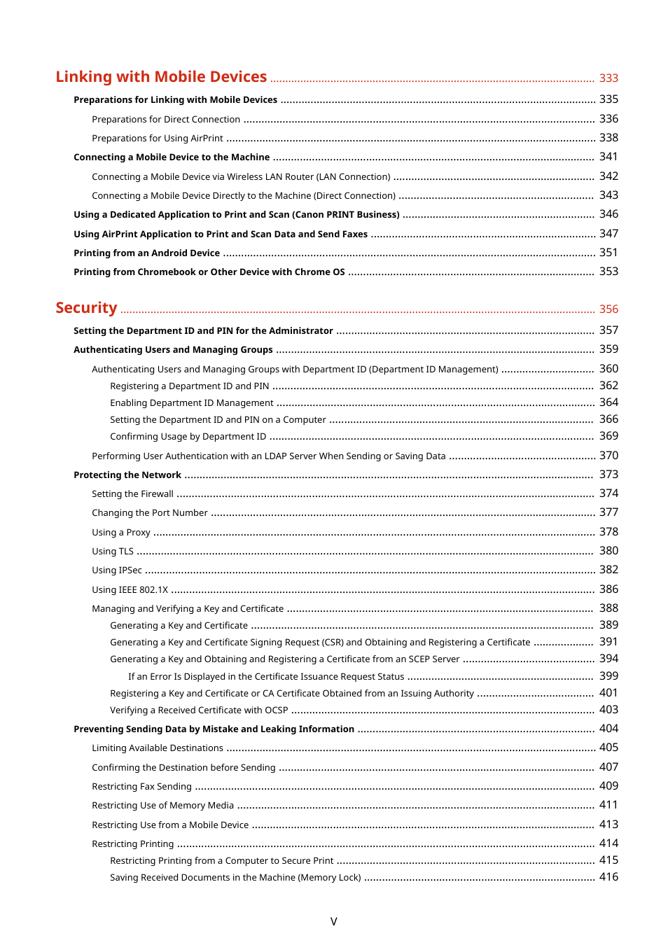 Linking with mobile devices, Security | Canon imageCLASS MF753Cdw Multifunction Wireless Color Laser Printer User Manual | Page 6 / 801