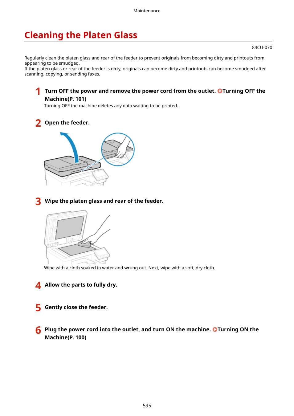 Cleaning the platen glass, Cleaning the platen glass(p. 595) | Canon imageCLASS MF753Cdw Multifunction Wireless Color Laser Printer User Manual | Page 605 / 801