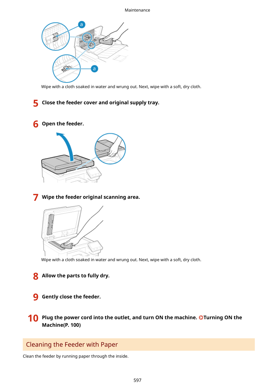 Feeder. cleaning the feeder with paper(p. 597) | Canon imageCLASS MF753Cdw Multifunction Wireless Color Laser Printer User Manual | Page 607 / 801