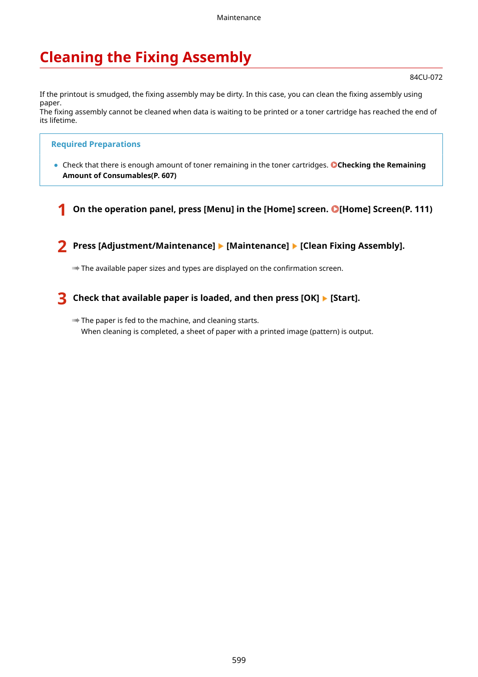 Cleaning the fixing assembly, Eplacement. cleaning the fixing assembly(p. 599), Cleaning the fixing assembly(p. 599) | Canon imageCLASS MF753Cdw Multifunction Wireless Color Laser Printer User Manual | Page 609 / 801