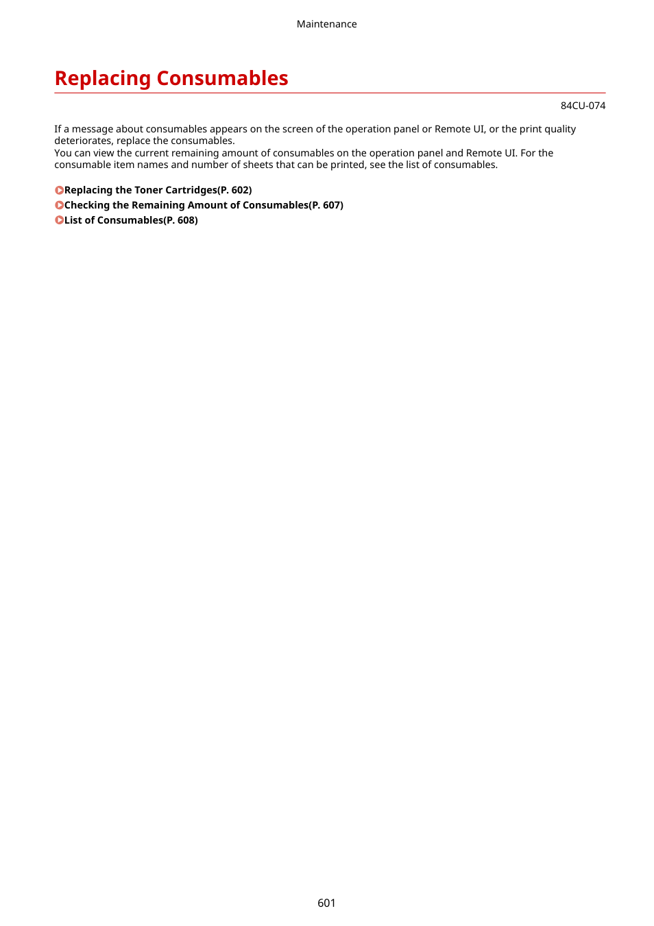 Replacing consumables, Replacing consumables(p. 601) | Canon imageCLASS MF753Cdw Multifunction Wireless Color Laser Printer User Manual | Page 611 / 801