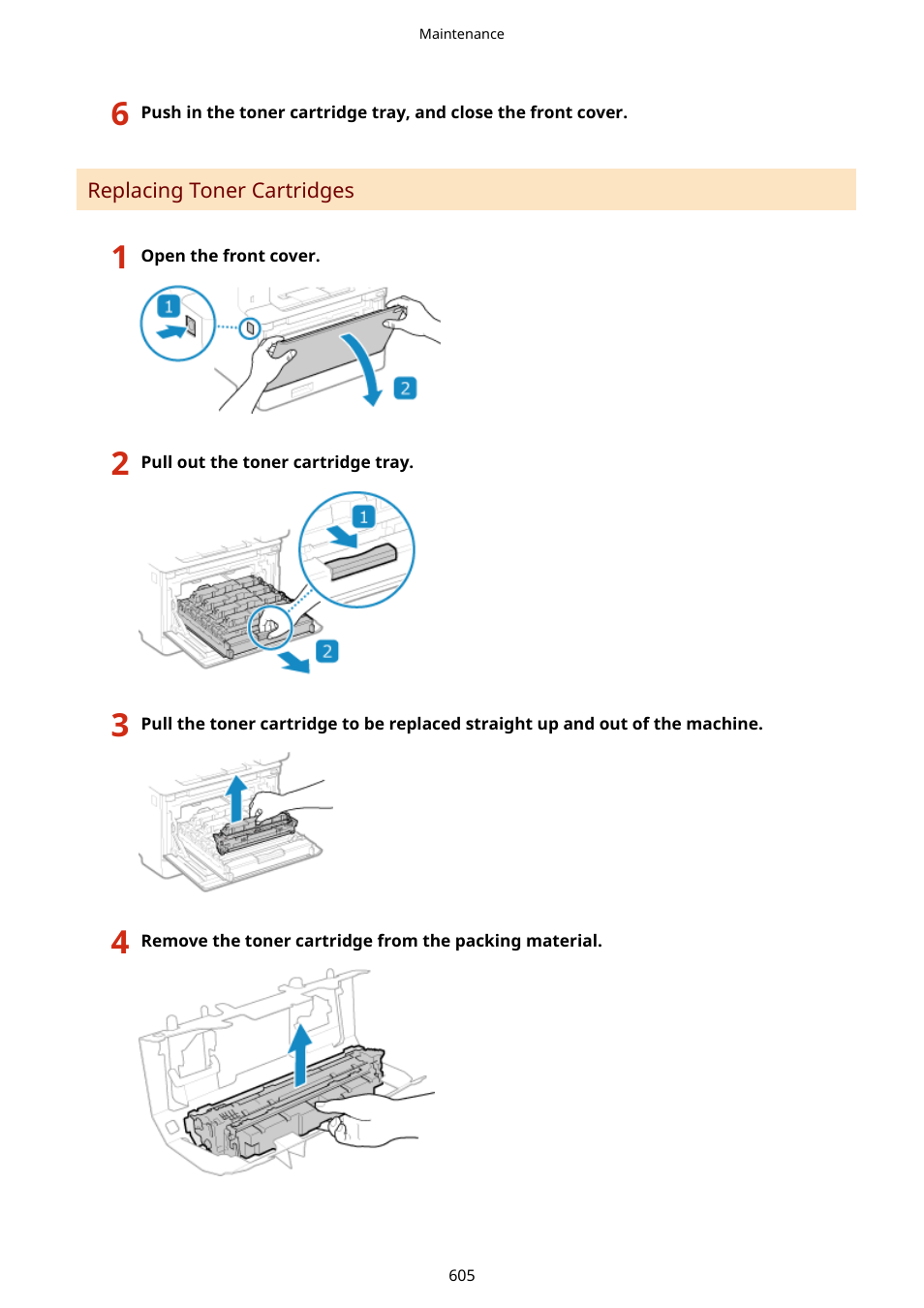 Replacing toner cartridges(p. 605) | Canon imageCLASS MF753Cdw Multifunction Wireless Color Laser Printer User Manual | Page 615 / 801