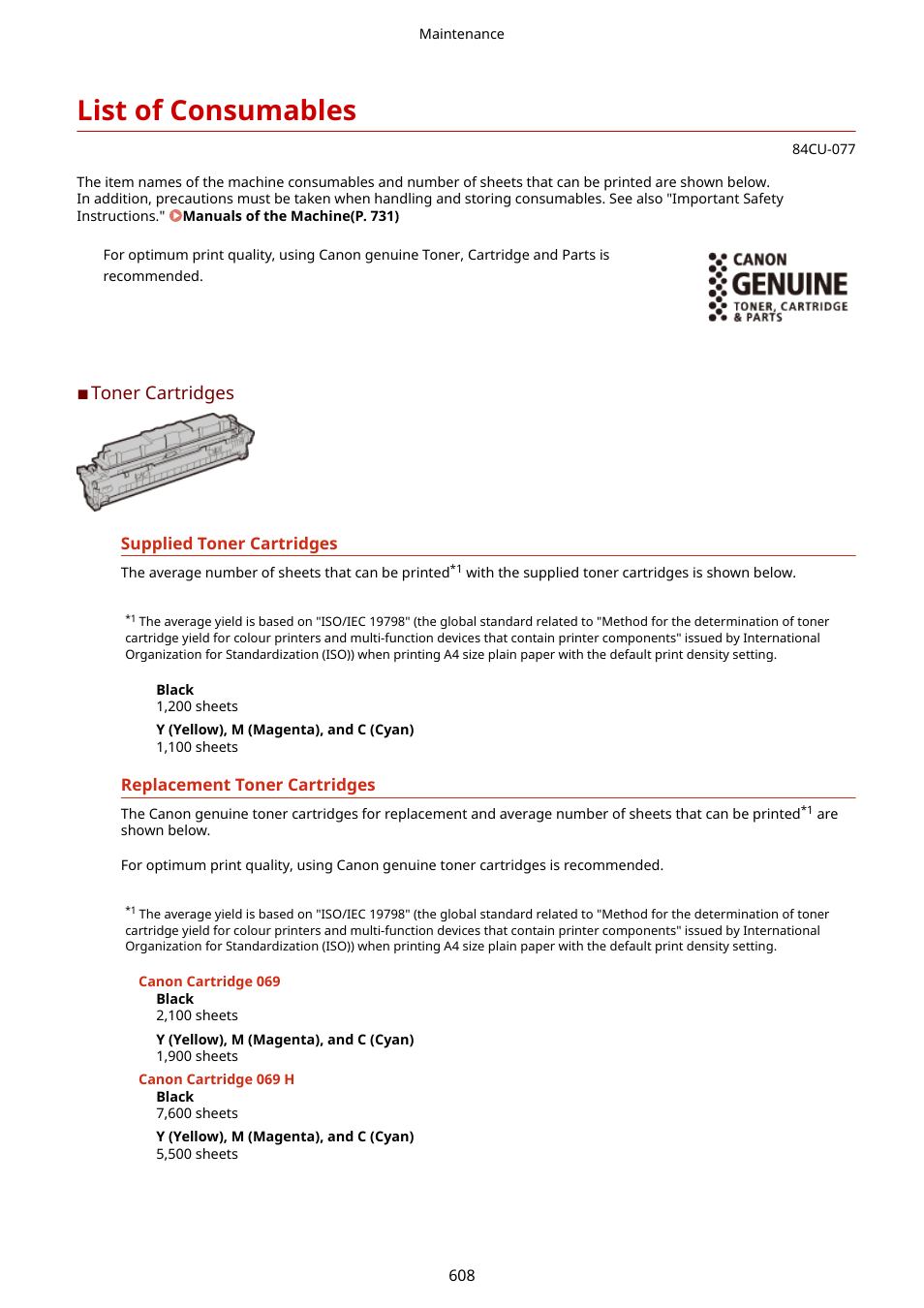 List of consumables, Toner cartridges | Canon imageCLASS MF753Cdw Multifunction Wireless Color Laser Printer User Manual | Page 618 / 801