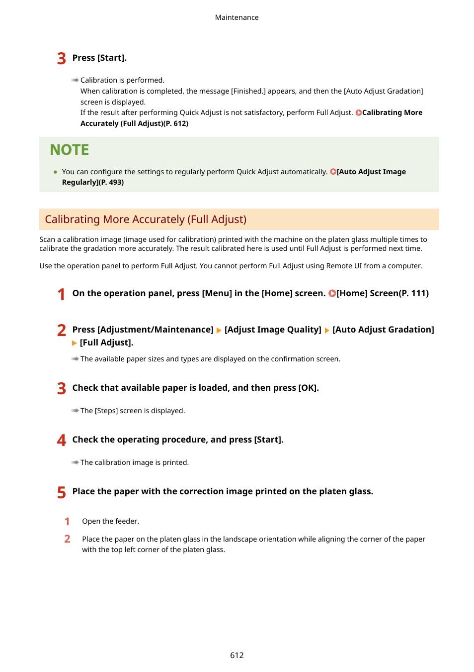 Calibrating more accurately (full adjust)(p. 612) | Canon imageCLASS MF753Cdw Multifunction Wireless Color Laser Printer User Manual | Page 622 / 801