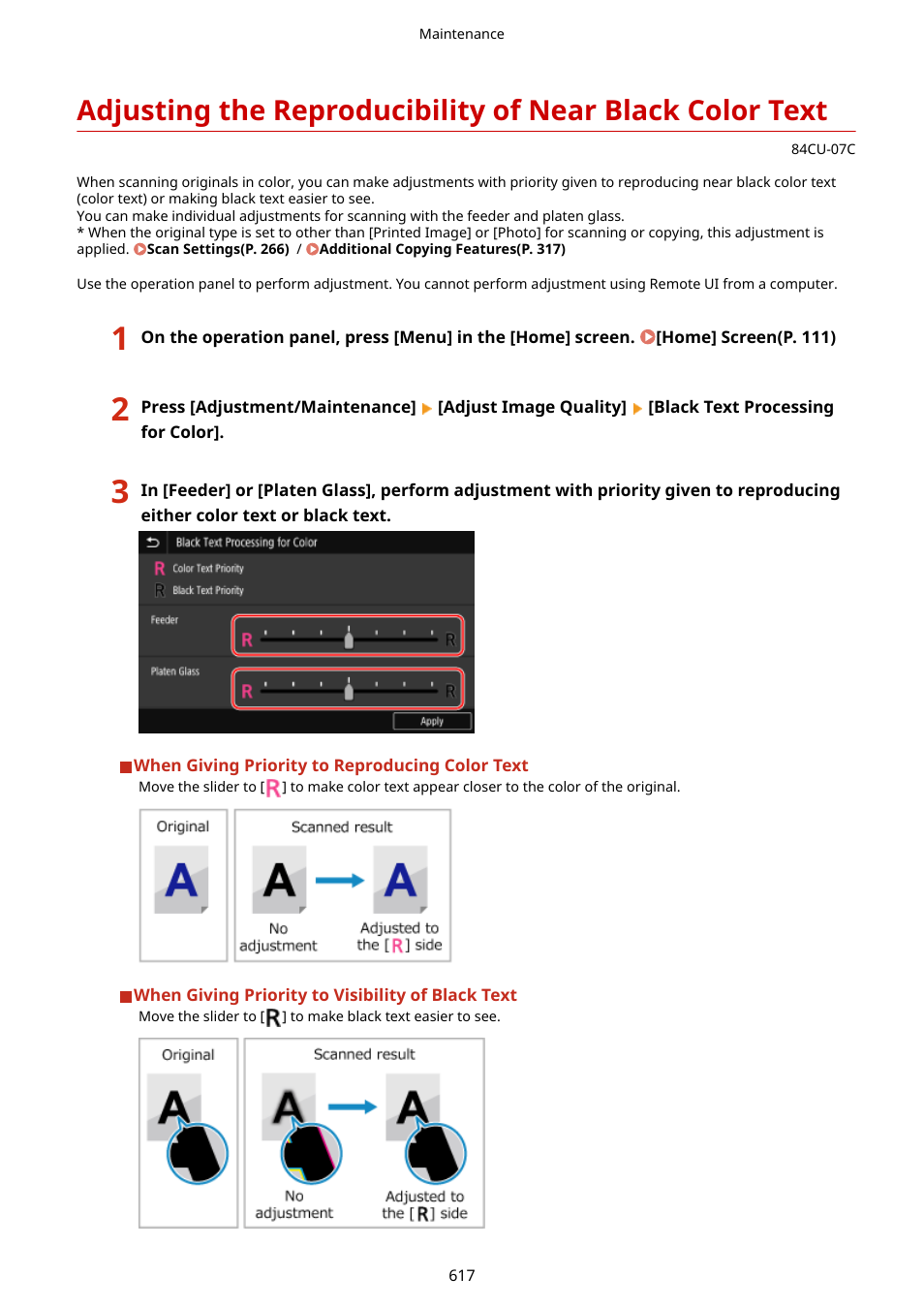 Oduced, Adjusting the reproducibility of near black color, Text(p. 617) | Canon imageCLASS MF753Cdw Multifunction Wireless Color Laser Printer User Manual | Page 627 / 801