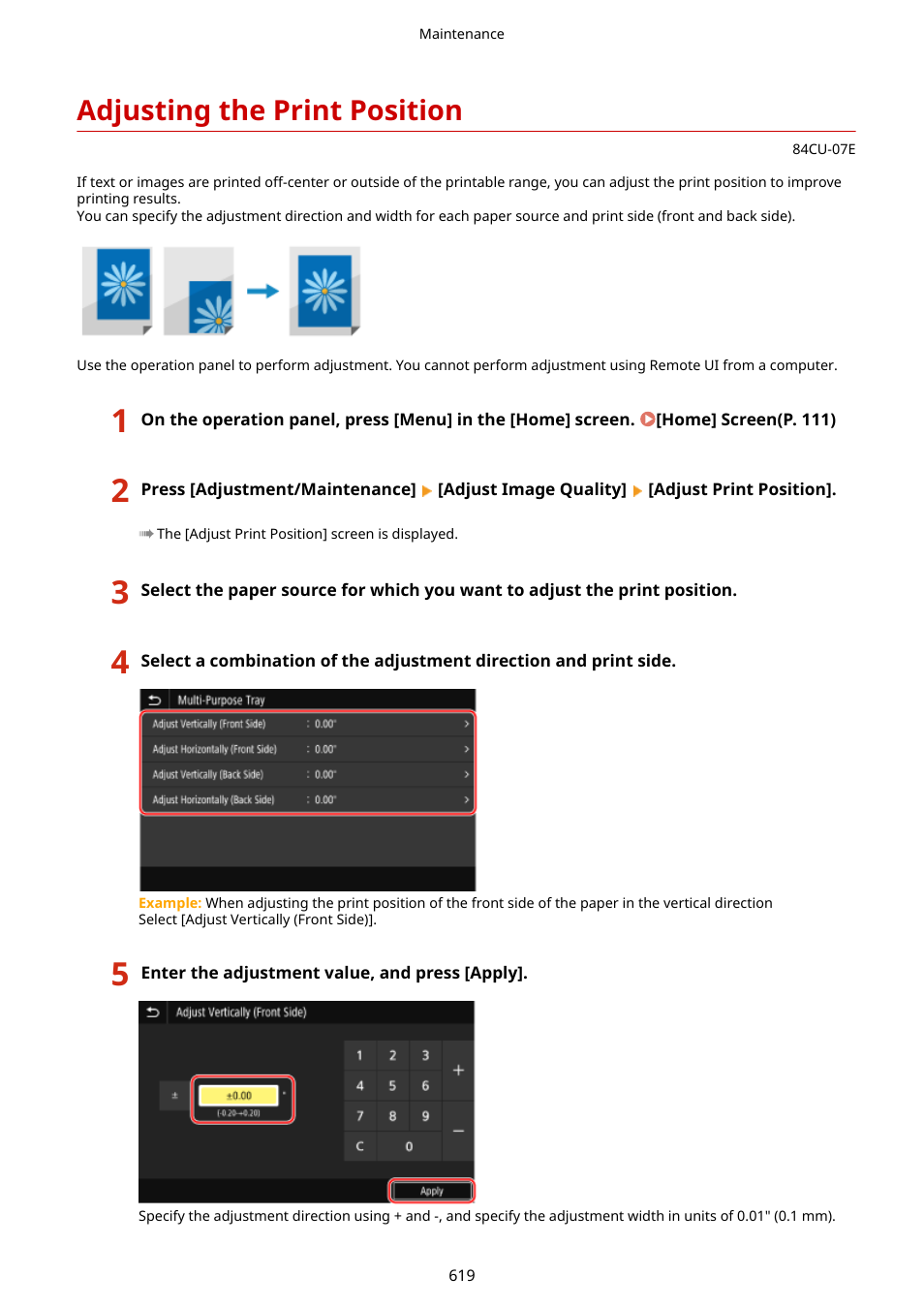 Adjusting the print position, Adjusting the print position(p. 619) | Canon imageCLASS MF753Cdw Multifunction Wireless Color Laser Printer User Manual | Page 629 / 801