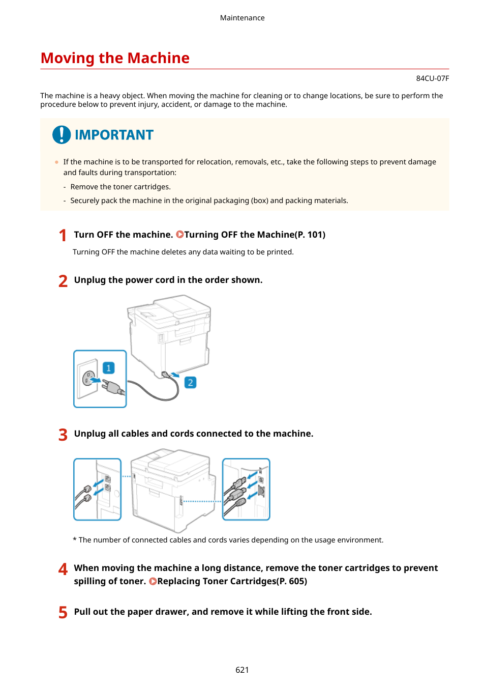 Moving the machine, Moving the machine(p. 621) | Canon imageCLASS MF753Cdw Multifunction Wireless Color Laser Printer User Manual | Page 631 / 801