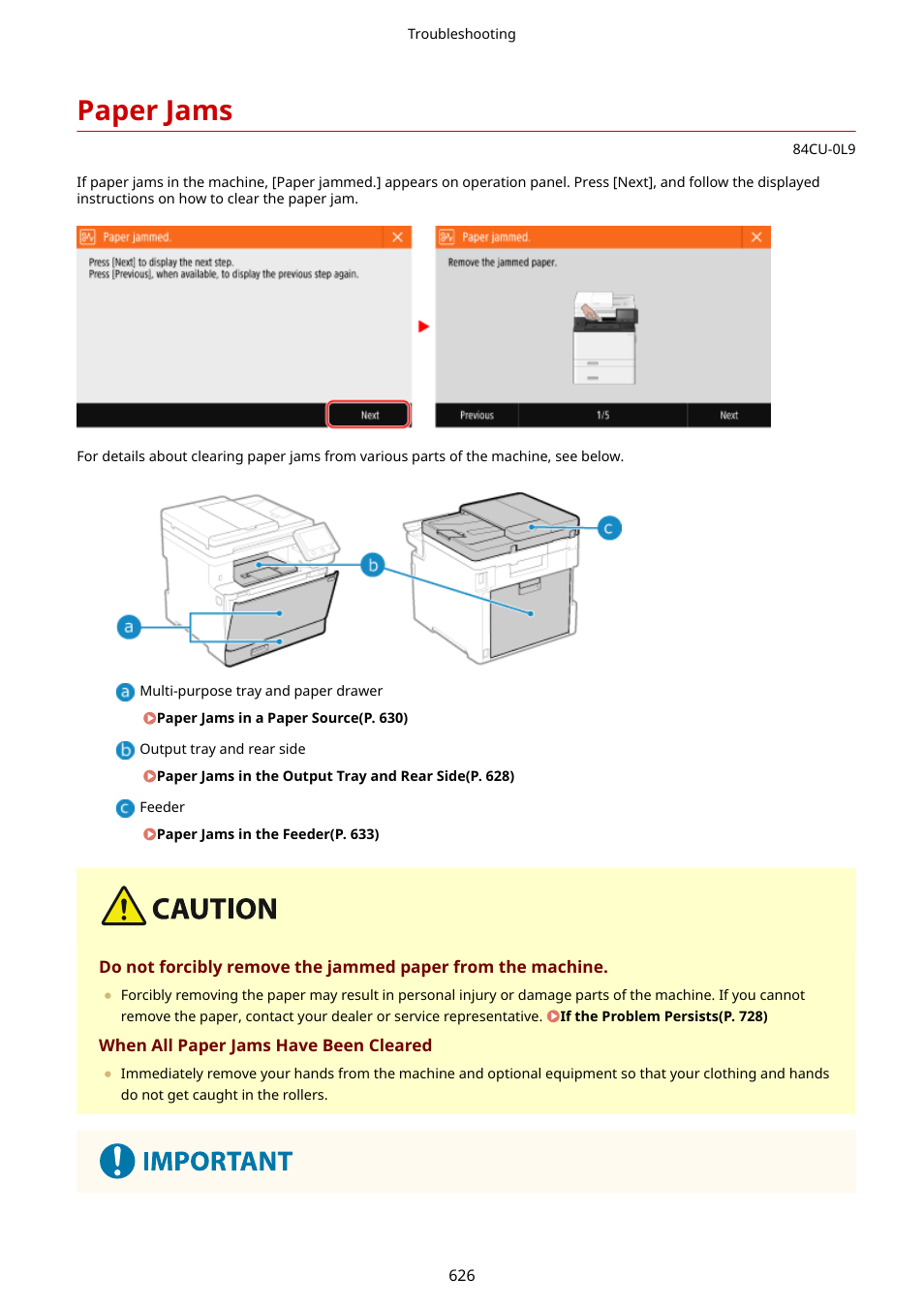 Paper jams, Paper jams(p. 626) | Canon imageCLASS MF753Cdw Multifunction Wireless Color Laser Printer User Manual | Page 636 / 801