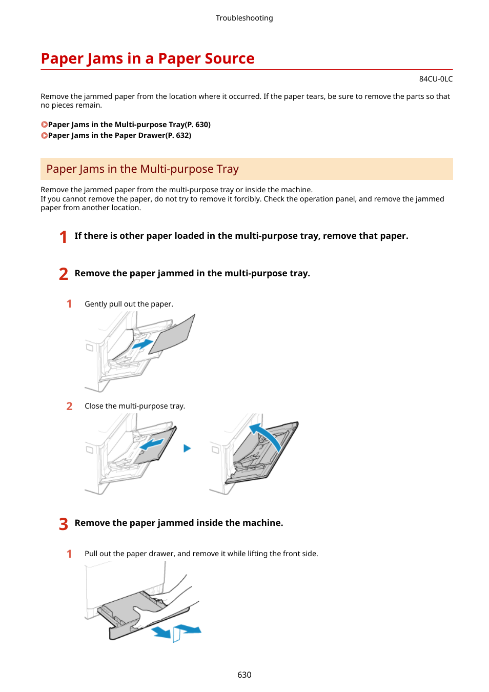 Paper jams in a paper source, Paper jams in a paper source(p. 630) | Canon imageCLASS MF753Cdw Multifunction Wireless Color Laser Printer User Manual | Page 640 / 801