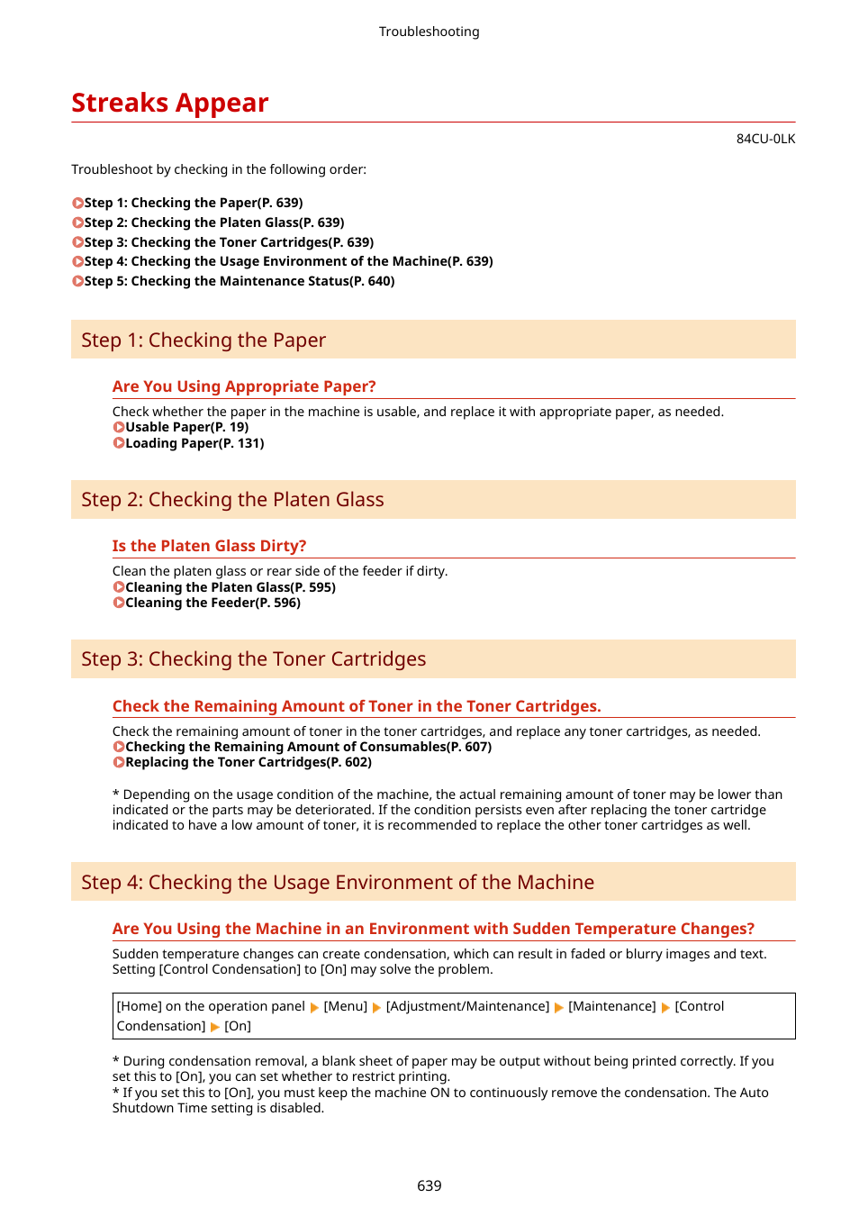 Streaks appear, Streaks appear(p. 639), Step 1: checking the paper | Step 2: checking the platen glass, Step 3: checking the toner cartridges | Canon imageCLASS MF753Cdw Multifunction Wireless Color Laser Printer User Manual | Page 649 / 801