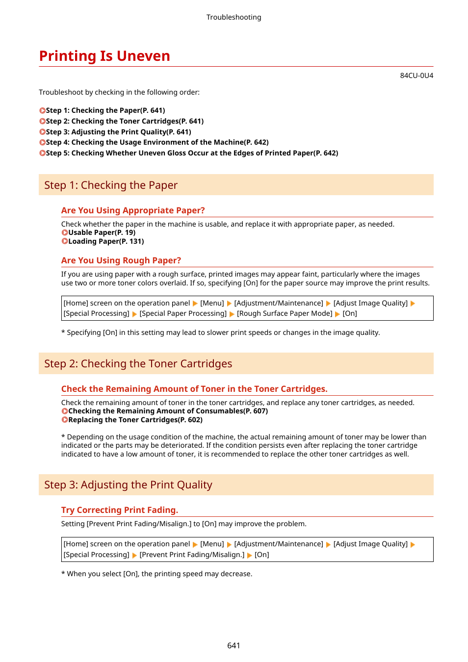 Printing is uneven, Printing is uneven(p. 641), Step 1: checking the paper | Step 2: checking the toner cartridges, Step 3: adjusting the print quality | Canon imageCLASS MF753Cdw Multifunction Wireless Color Laser Printer User Manual | Page 651 / 801