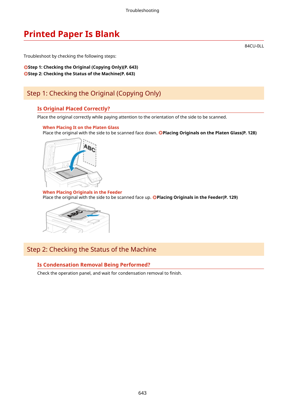 Printed paper is blank, Printed paper is blank(p. 643), Step 1: checking the original (copying only) | Step 2: checking the status of the machine | Canon imageCLASS MF753Cdw Multifunction Wireless Color Laser Printer User Manual | Page 653 / 801