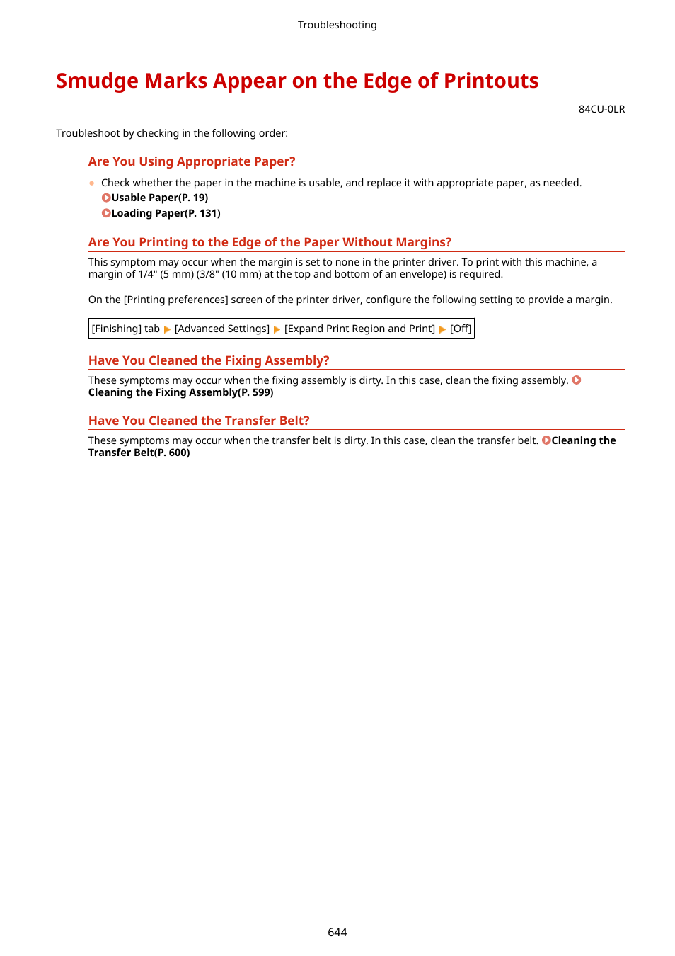 Smudge marks appear on the edge of printouts, Smudge marks appear on the, Edge of printouts(p. 644) | Canon imageCLASS MF753Cdw Multifunction Wireless Color Laser Printer User Manual | Page 654 / 801