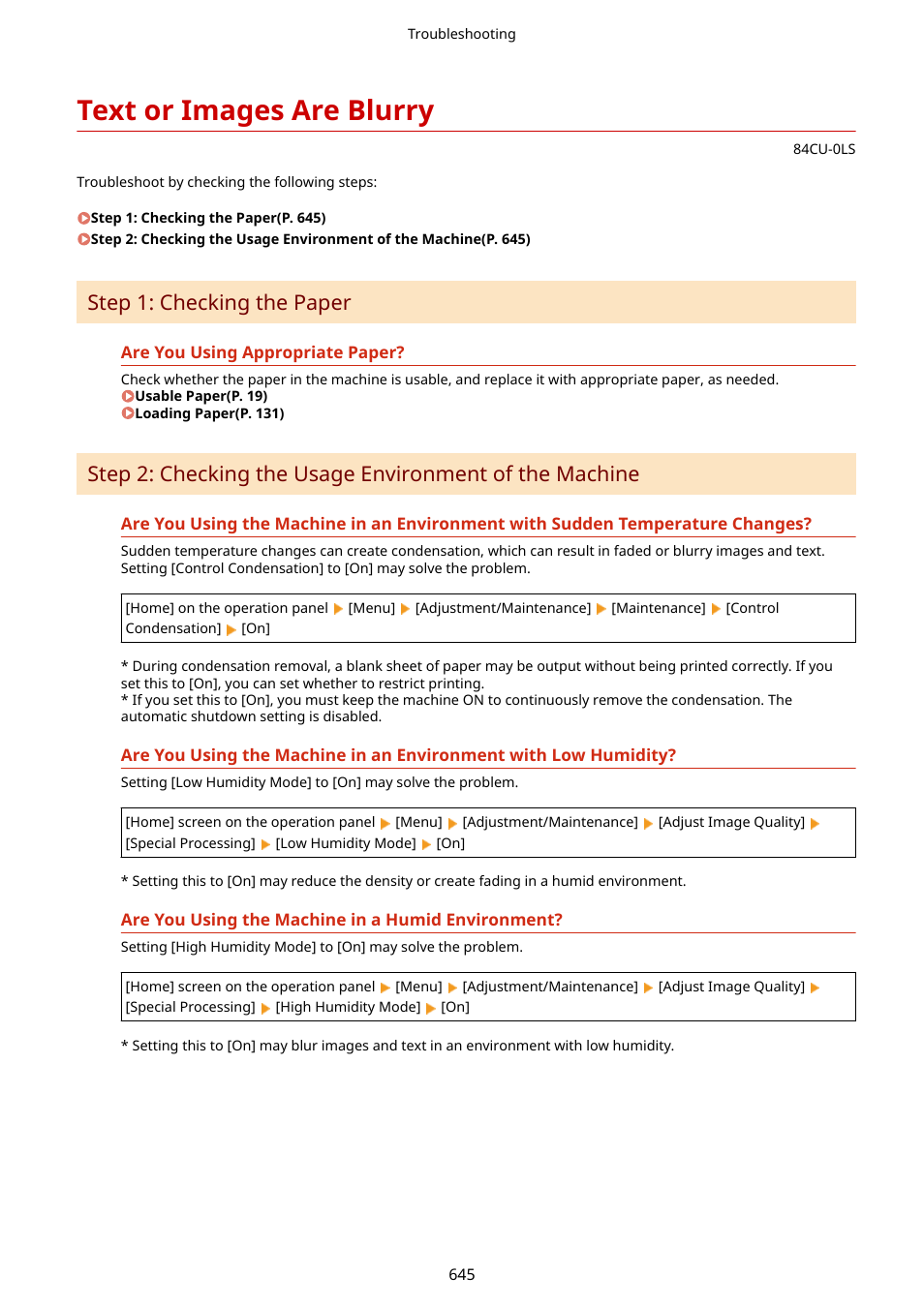 Text or images are blurry, Text or images are, Blurry(p. 645) | Step 1: checking the paper | Canon imageCLASS MF753Cdw Multifunction Wireless Color Laser Printer User Manual | Page 655 / 801