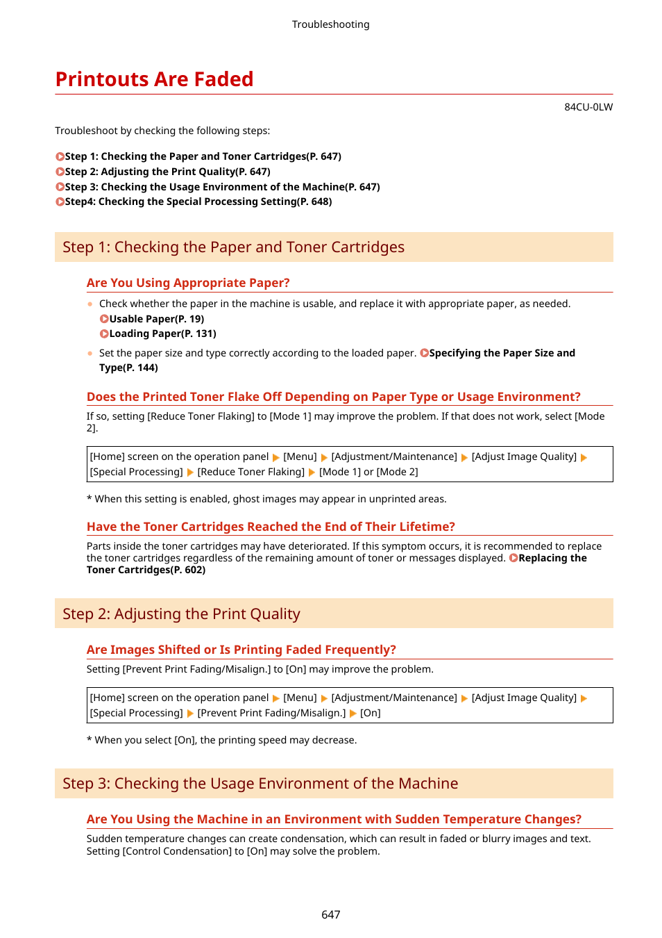 Printouts are faded, Printouts are faded(p. 647), Step 1: checking the paper and toner cartridges | Step 2: adjusting the print quality | Canon imageCLASS MF753Cdw Multifunction Wireless Color Laser Printer User Manual | Page 657 / 801