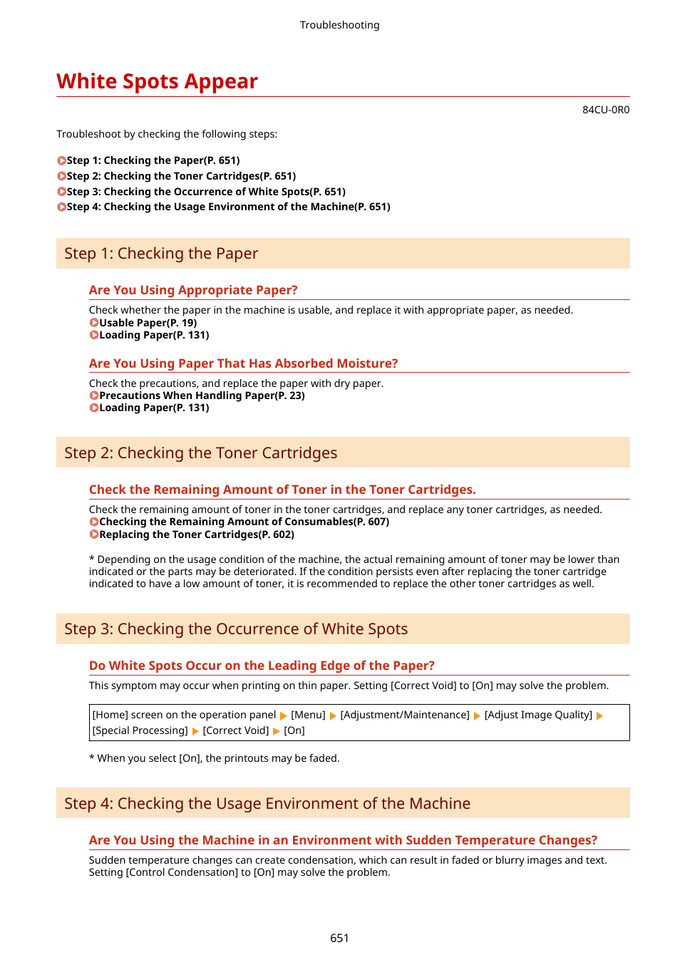 White spots appear, White spots appear(p. 651), Step 1: checking the paper | Step 2: checking the toner cartridges, Step 3: checking the occurrence of white spots | Canon imageCLASS MF753Cdw Multifunction Wireless Color Laser Printer User Manual | Page 661 / 801